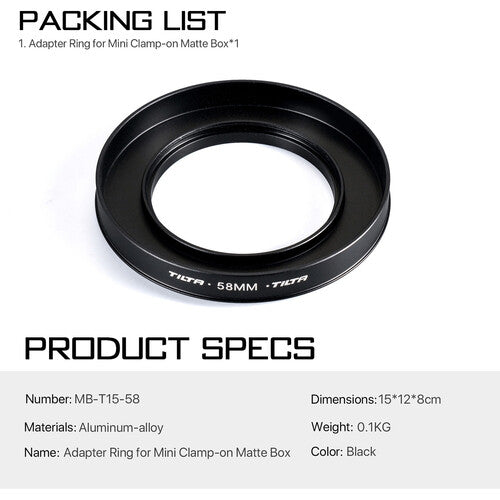 Anillo Adaptador Tilta MB-T15-58 de 58mm para Mini Matte Box Clamp-On