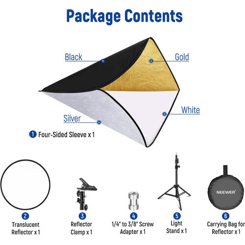 Reflector Neewer 5 en 1 de 43" | 110cm | Difusor, Dorado, Plateado, Blanco y Negro
