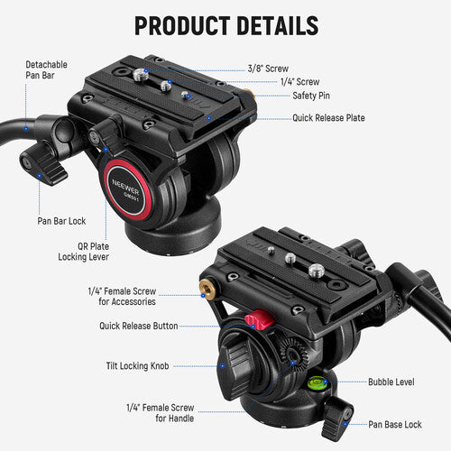 Cabezal Fluido Neewer GM001 | Compatible 501PL/504PL, 6kg, con Asa y Llave Allen