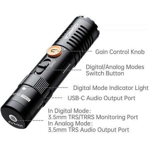 Comica VM10 PRO — Micrófono Mini Boom Cardioide Digital/Analógico para Cámara y USB