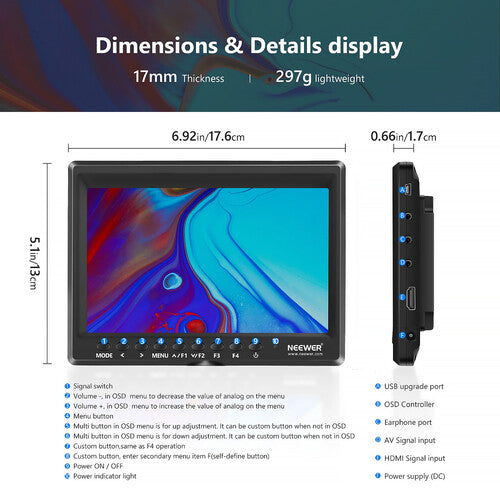 Monitor de Campo Neewer F100 7" HDMI | IPS HD, 450 nits, Asistente de Enfoque y Estuche