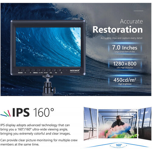 Monitor de Campo Neewer F100 7" HDMI | IPS HD, 450 nits, Asistente de Enfoque y Estuche