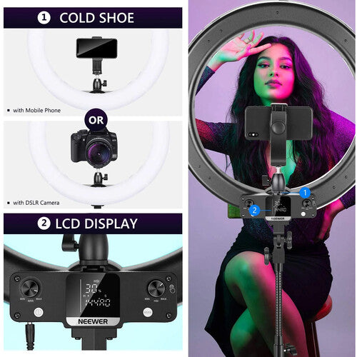 Aro de Luz LED RGB Neewer RGB18 II 18" | 42W | CRI95+ | Control App | Streaming y YouTube