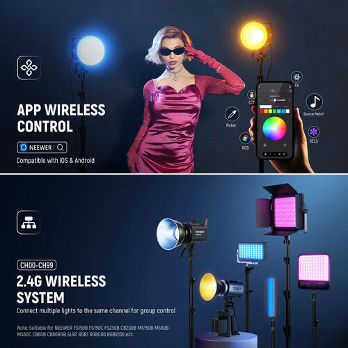 Luz COB RGB Neewer FS150C 130W | 19800 lux | Bowens | CCT 2500-7500K | Control App