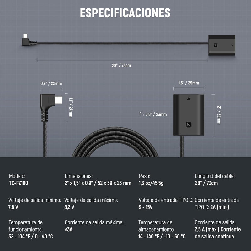 Batería Dummie Neewer TC-FZ100 para cámara Sony (compatible FZ100)