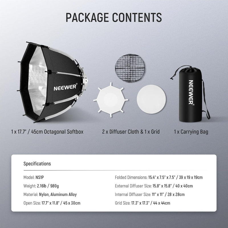 Softbox Neewer octagonal NS1P | 45 cm | Montura Bowens